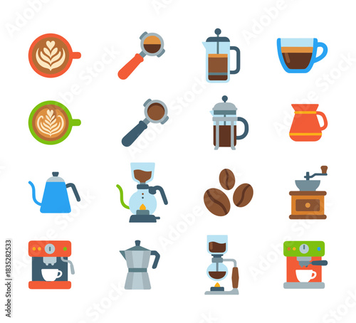 Coffee Making Equipment and Beverage Icon Set: A vibrant collection of flat vector symbols illustrating various tools, machines, and finished drinks related to brewing and enjoying coffee.