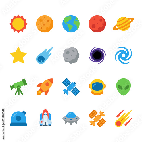 Astronomy and Space Exploration Icon Set: A colorful collection of flat vector symbols depicting celestial bodies, spacecraft, and tools related to the study of the universe and interstellar travel.