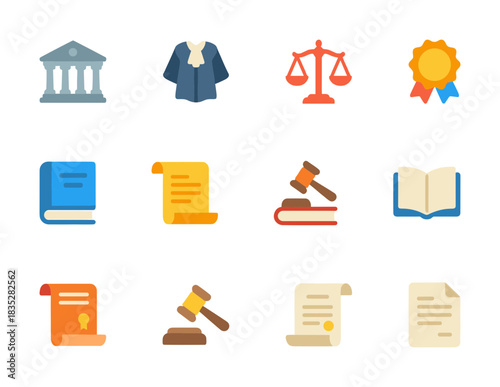 Legal and Law Icon Collection: A series of flat vector symbols representing the judicial system, courtroom elements, documents, and regulatory concepts for legal and government-related designs.