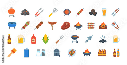 Barbecue, Grilling, and Cookout Icon Set: A comprehensive, colorful collection of flat vector symbols representing various grilling tools, food items, fire, and beverages 