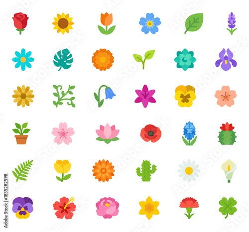 Botanical Flower and Plant Icon Set: A diverse, vibrant collection of flat vector symbols featuring various popular flowers, leaves, and potted plants from the world of botany and horticulture.