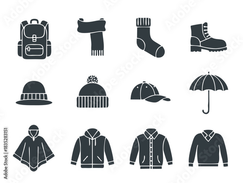 Winter Clothing and Accessories Silhouette Icon Set