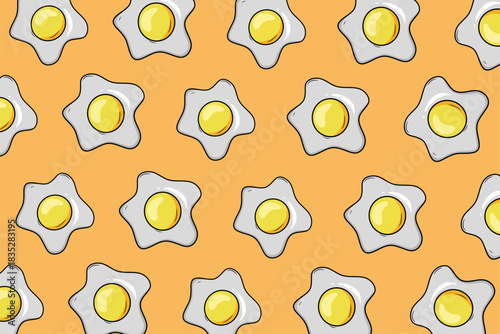 A Set of 6 Unique Seamless Fried Egg Patterns, Illustrations in Various Background Colors, Design, Perfect for Fabric, Wallpaper, Kitchen Decor, and Breakfast Food Styling.