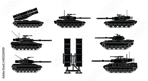 Silhouette collection of various military vehicles including tanks and missile launchers