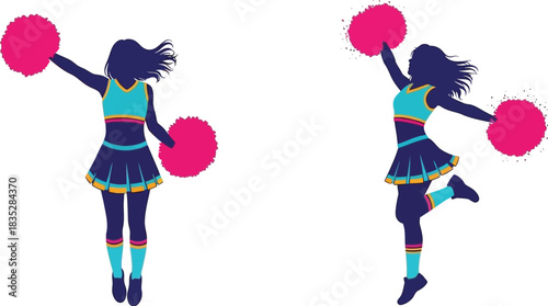Silhouette cheerleaders with pom poms in action on white background