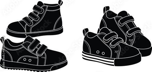 Black and white illustration of childrens shoes with velcro straps