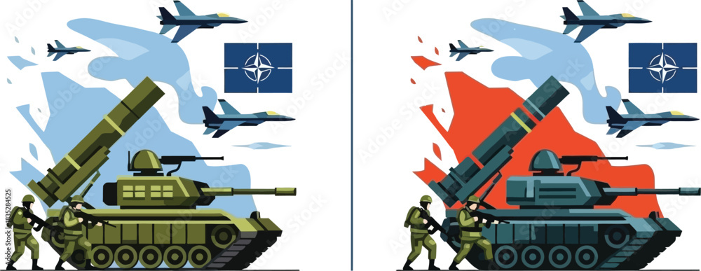 Naklejka premium Military equipment and nato flags symbolizing defense and security cooperation