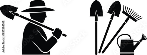 Gardener with tools silhouette shovel rake watering can and hat
