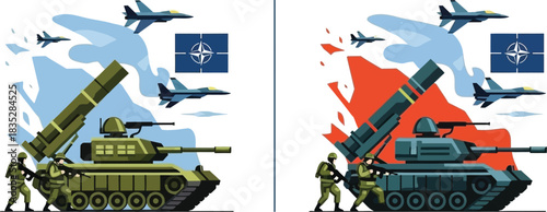 Military equipment and nato flags symbolizing defense and security cooperation