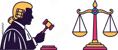 Judge with gavel and scales of justice in a courtroom setting