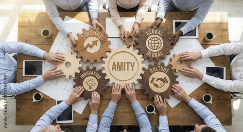 Business team connecting wooden gears on table AI generated