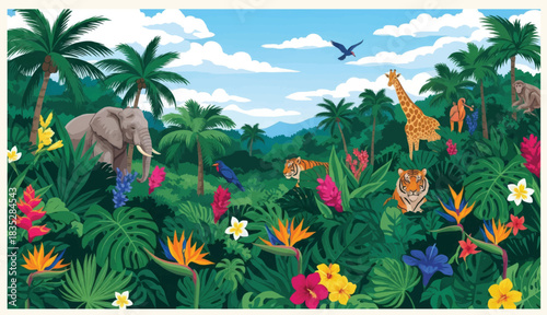 Tropical botanical landscape, palm tree,monstera, plant floral seamless background. Exotic green jungle wallpaper