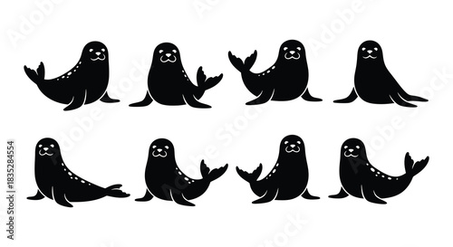 Silhouettes of seals in various poses showcase marine mammal adaptations