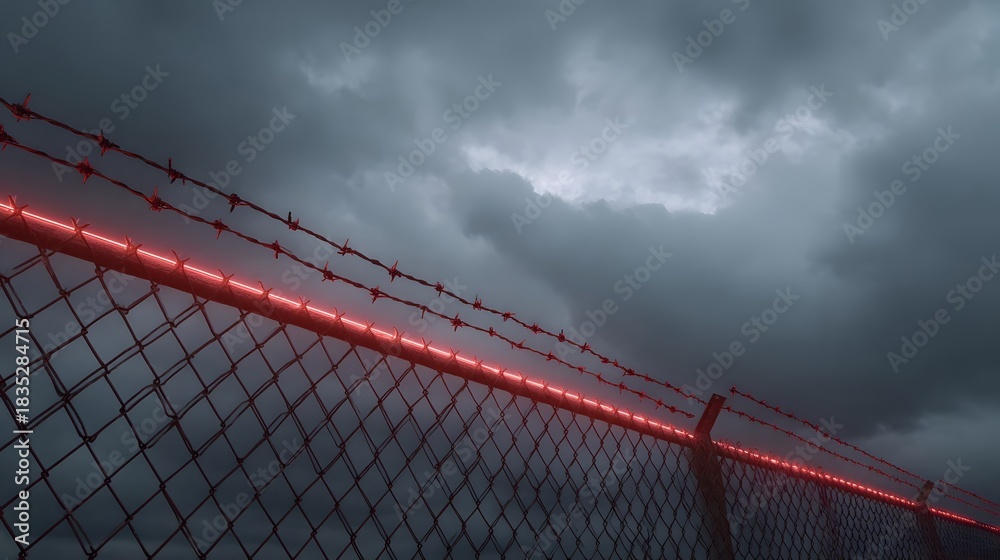 Fototapeta premium A futuristic security fence with glowing red light and barbed wire under a dramatic stormy sky