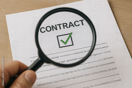 Contract document under magnifying glass with checkmark AI generated