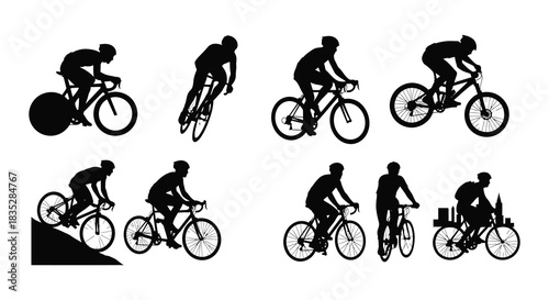 Silhouettes of cyclists performing various stunts on mountain bikes