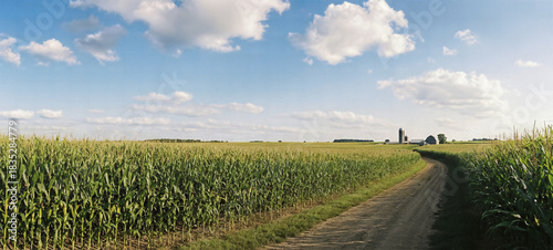 Corn field landscape with dirt road and farm AI generated