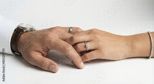Couple holding hands with wedding rings AI generated