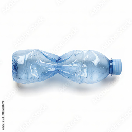 Crushed blue plastic bottle isolated on white AI generated