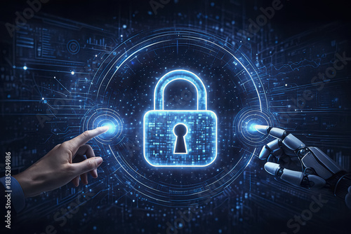 Digital padlock security concept with robot and human hands AI generated