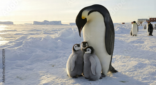 Emperor penguin family with chicks on snow AI generated