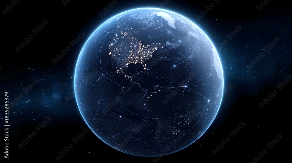 Naklejka premium A digital global network overlay on planet Earth at night with city lights visible