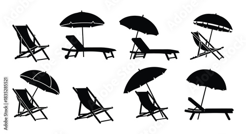A collection of black silhouettes depicting beach chairs and parasols