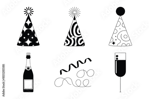 Collection of festive party elements including hats bottle and streamers
