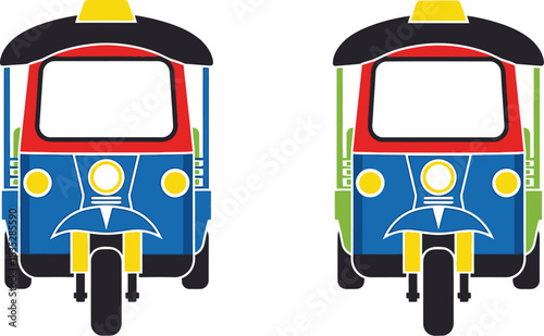 Two colorful tuk tuks isolated on a white background