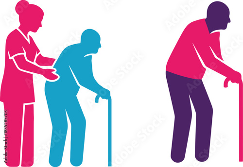 Nurse helping elderly patient with cane and senior man walking alone