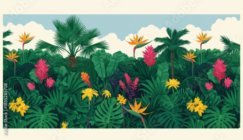 Tropical botanical landscape, palm tree,monstera, plant floral seamless background. Exotic green jungle wallpaper