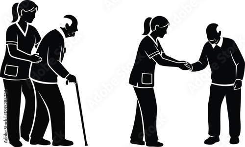 Nurse assisting elderly man and shaking hands with another man silhouette