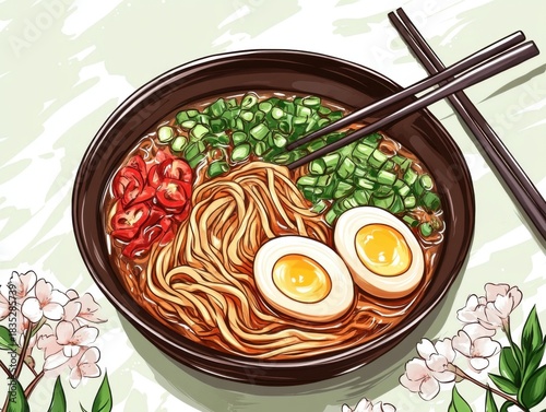 Japanese ramen with miso-based broth, noodles, boiled egg, and fresh toppings, beautifully presented for a traditional Asian meal
