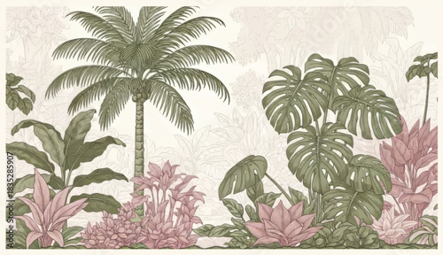 Tropical botanical landscape, palm tree,monstera, plant floral seamless background. Exotic green jungle wallpaper