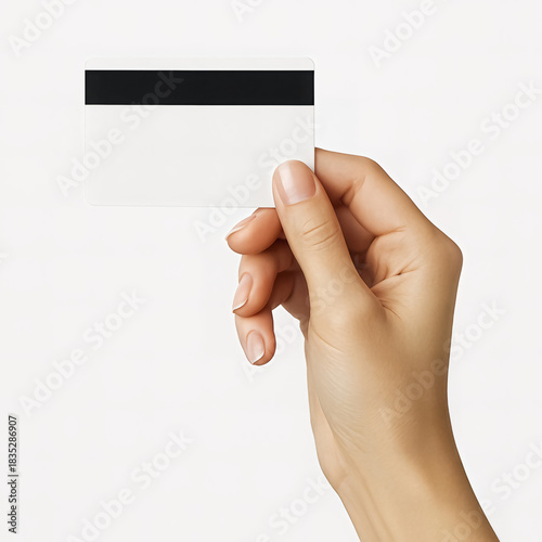 Female hand holding blank white credit card AI generated