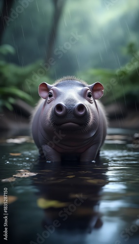 A pygmy hippo stands in shallow water surrounded by lush greenery. A round body, short legs. Raindrops fall gently