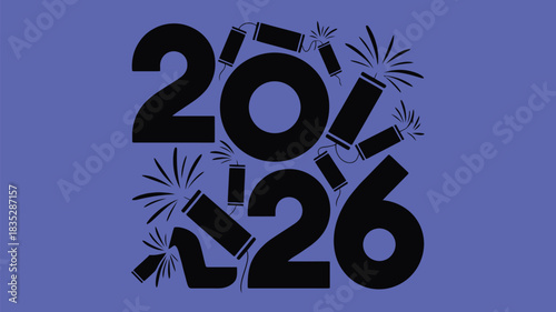 Exciting 2026 New Year celebration design with fun dynamite explosions on periwinkle, perfect for lively party invites and vibrant greeting cards