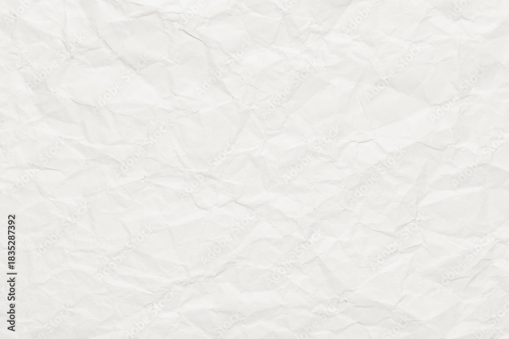 Fototapeta premium Cloud Dancer color of year 2026. Lofty white crumpled paper texture, blank template wrinkly backdrop