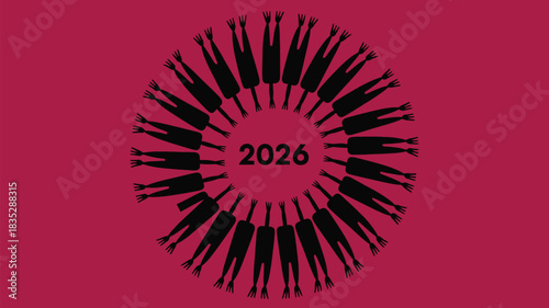 Vibrant 2026 visual featuring silhouetted figures in unity, symbolizing collaboration and community growth with a bold, modern design on a pink backdrop
