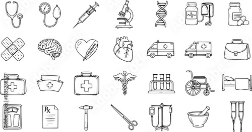 Medical Healthcare Doodle Line Art Icons Set. Hand-drawn vector collection of essential hospital tools, equipment, and symbols for medicine and health services.