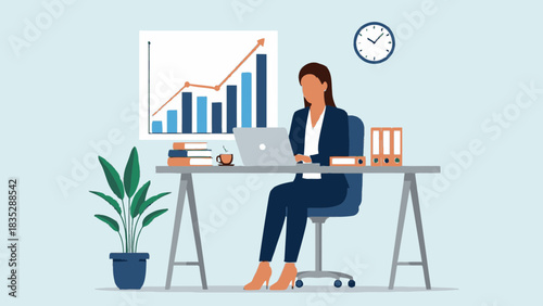 Businesswoman analyzes growth charts at her desk, perfect for presentations, financial reports, or illustrating corporate success in a modern office setting