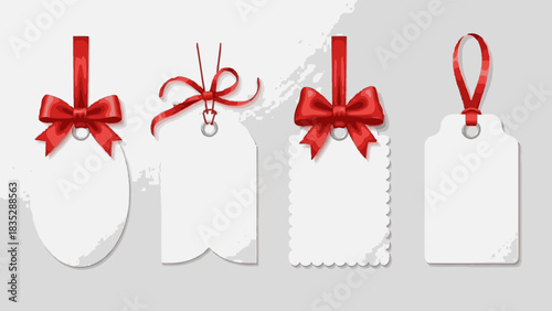 Festive gift tag collection with red ribbon and bow accents for holiday promotions, seasonal sales, and Christmas product labeling needs, originally vector