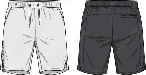 Athletic shorts illustration with drawstring waist, front and back view, casual activewear template featuring side slits, modern garment vector