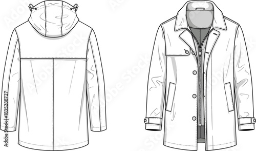 Hooded and collared jacket illustration, detailed front and back view, technical outerwear design template, stylish fashion drawing vector