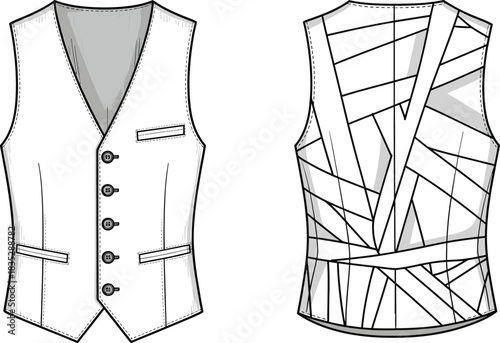 Men’s tailored vest illustration, front and back view, formal waistcoat design template, geometric pattern back, fashion garment vector