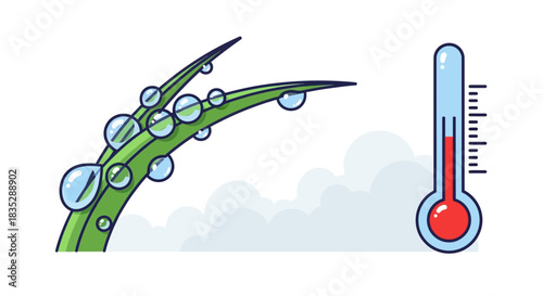 Early Morning Dew on Green Grass Blades Beside a Thermometer Indicating Warm Weather