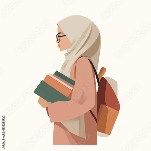 Minimalist flat illustration of a muslim woman with books and backpack