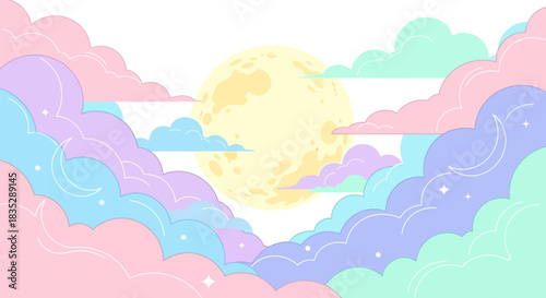 Pastel skies and celestial orbs create a whimsical atmosphere, evoking a sense of fantasy and