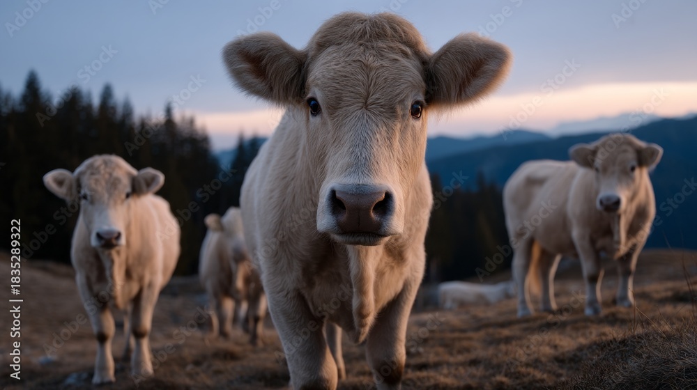 Fototapeta premium A group of white cows peacefully graze on a hillside at twilight, with the sun setting behind towering mountains. The calm scene evokes a sense of tranquility and connection with nature