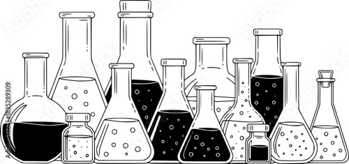 Outlined vector illustration of assorted glass bottles filled with liquid for alchemy or science